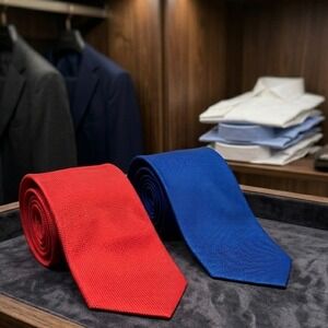 Ermenegildo Zegna Mens Silk Tie Set Red Blue Textured Micro Check Made in Italy